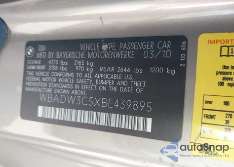 2011 BMW 328I из США, поврежденный, VIN WBADW3C5XBE439895